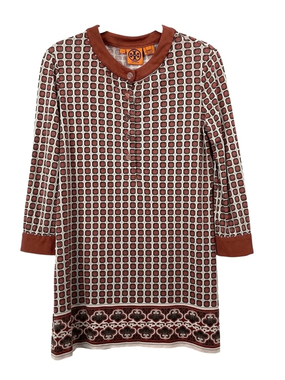 Tory Burch 100% silk brown and Cream Geo-Print Tunic